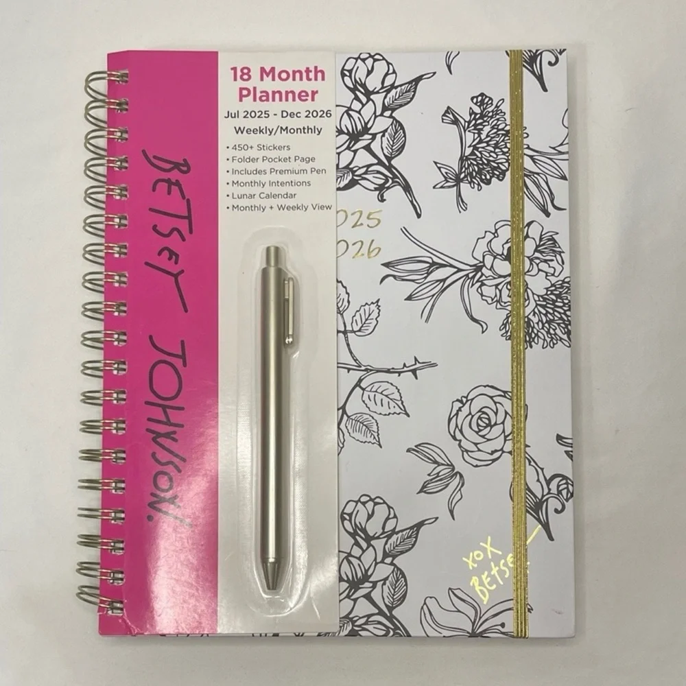 Betsey Johnson White Floral Planner with Hot Pink Spine and Gold Accent